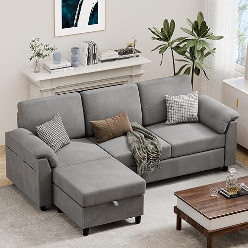 Vongrasig 79" Convertible Sectional Couch Sofa with Storage Ottoman, 3 Seat L Shaped Couch with Side Storage Pockage, Linen Fabric Small Couches for Living Room, Apartment and Small Space, Light Grey