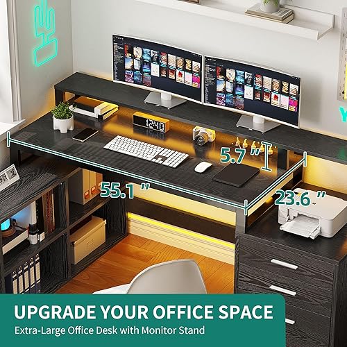 Miniatura 7 de YITAHOME Escritorio para juegos en forma de L con luces LED y tomas de corriente, escritorio de computadora de 56 pulgadas con cajón y soporte para