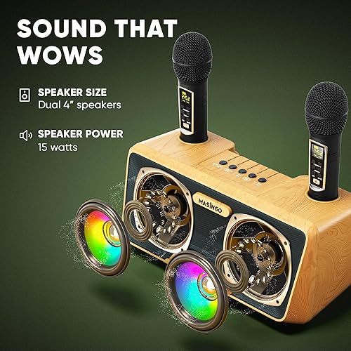 Miniatura 14 de MASINGO máquina de karaoke para adultos y niños, con altavoces Bluetooth portátiles, 2 micrófonos inalámbricos, luces LED, sistema PA y modo karaoke
