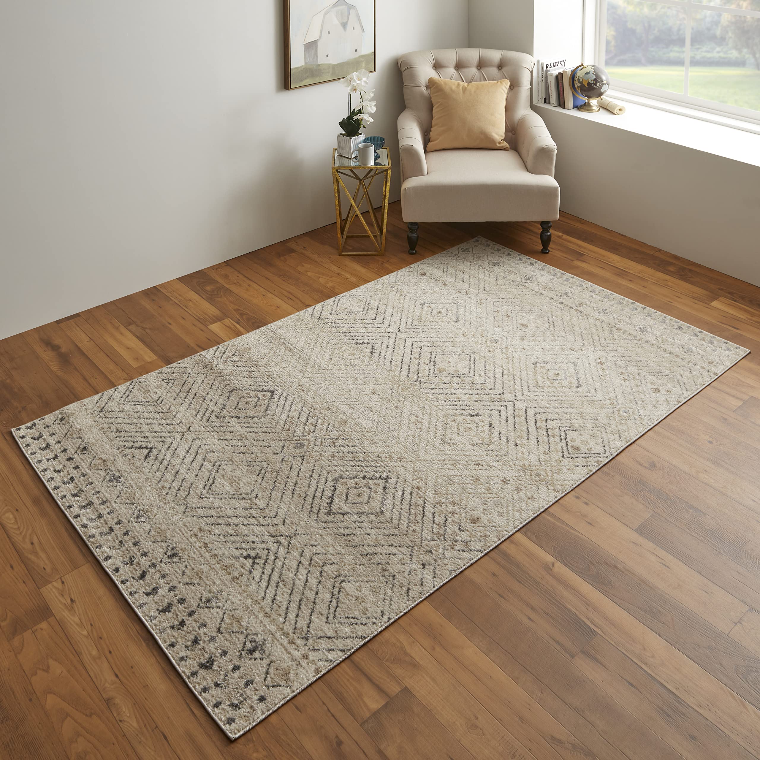 FeizyCamellia Nomadic Geometric, Ivory/Charcoal, 8' x 10' Area Rug