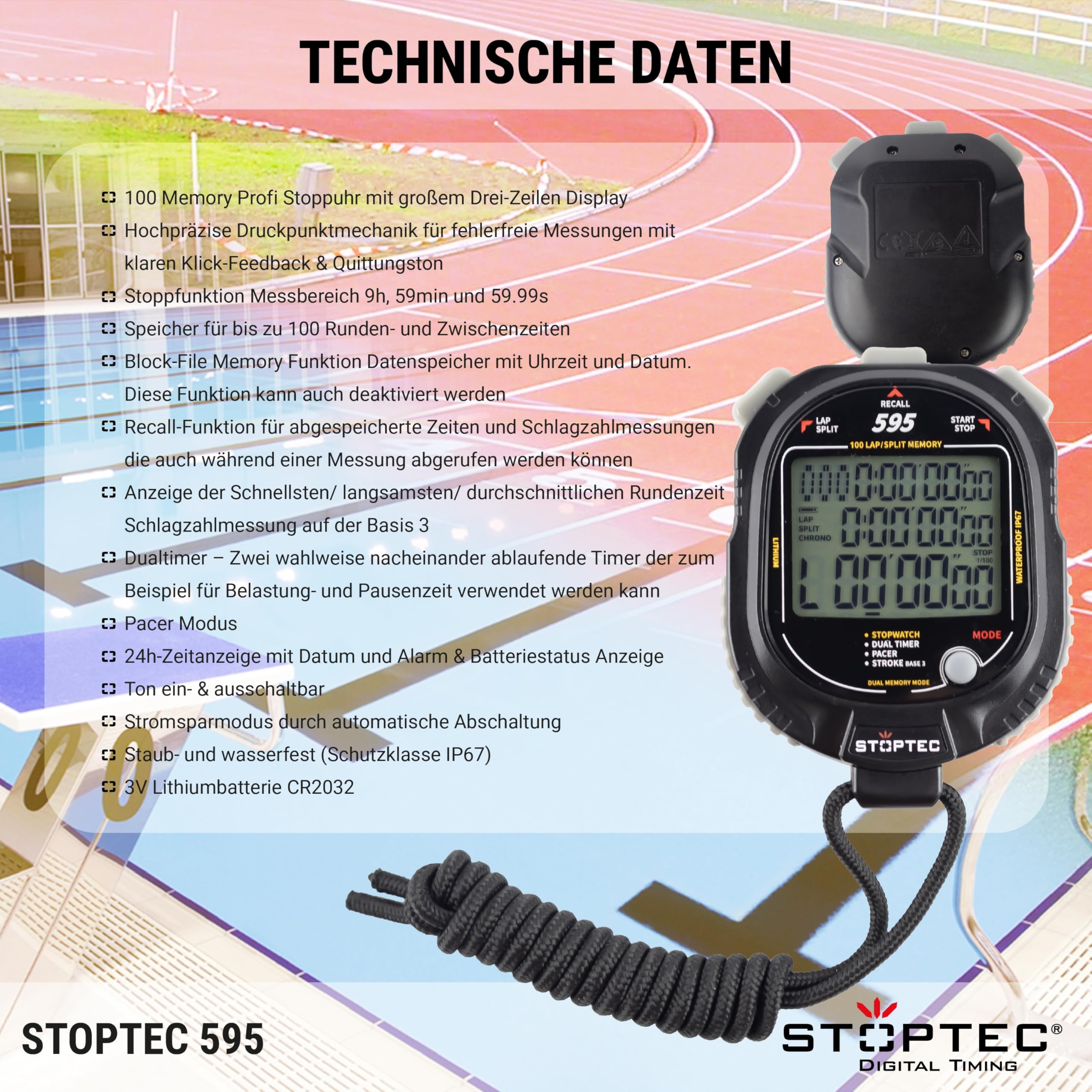 Stoptec Cronometro 595, grande display a 3 righe, meccanismo a punto di pressione, 100 memoria, doppio timer, Pacer, misurazione del numero di impatti, display e suono commutabili, resistente alla
