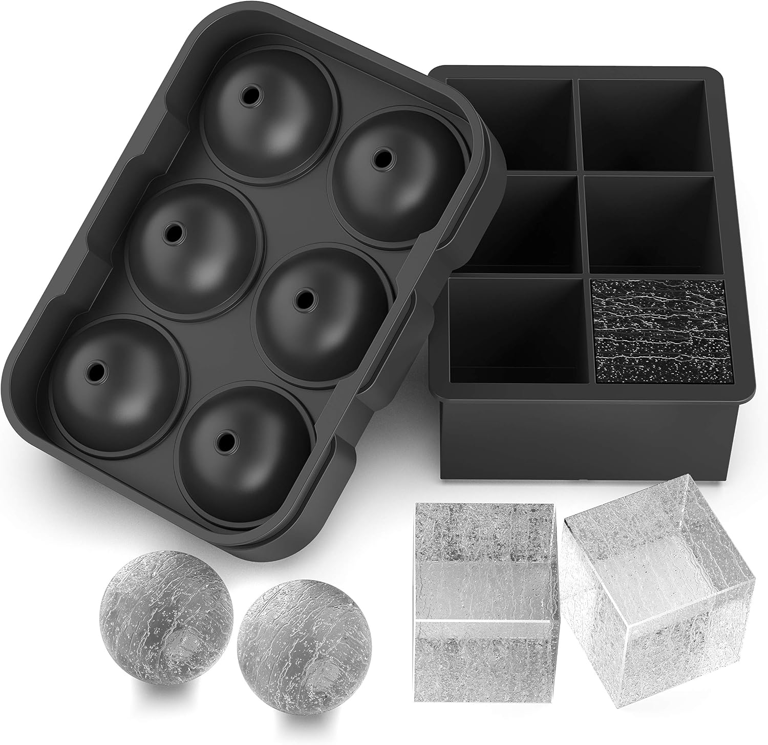 Ice Cube Trays - Set of 2 Silicone Molds - Sphere Whiskey Ice Ball Maker and Large Frozen Square Cubes for Cocktail, Bourbon, Liquor Drink - BPA Free and Reusable with Lid - Round Ice Cube Mold
