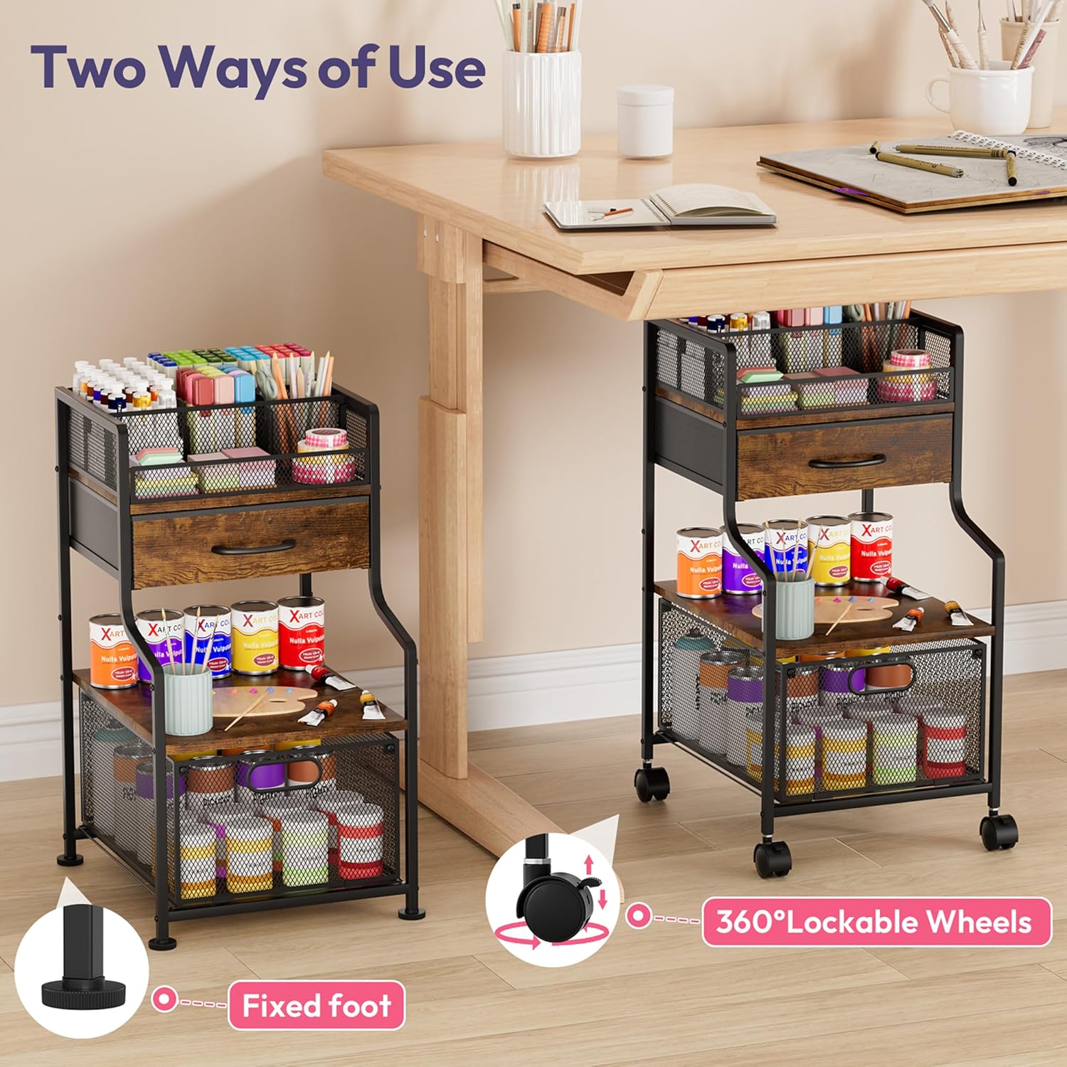 SWTYMIKI Rolling Under Desk Storage, Utility Cart with Drawers & DIY Divider - Art Cart Organizer on Wheels - Craft Storage Drawers Cart for Office, Craft Room & Studio Espresso