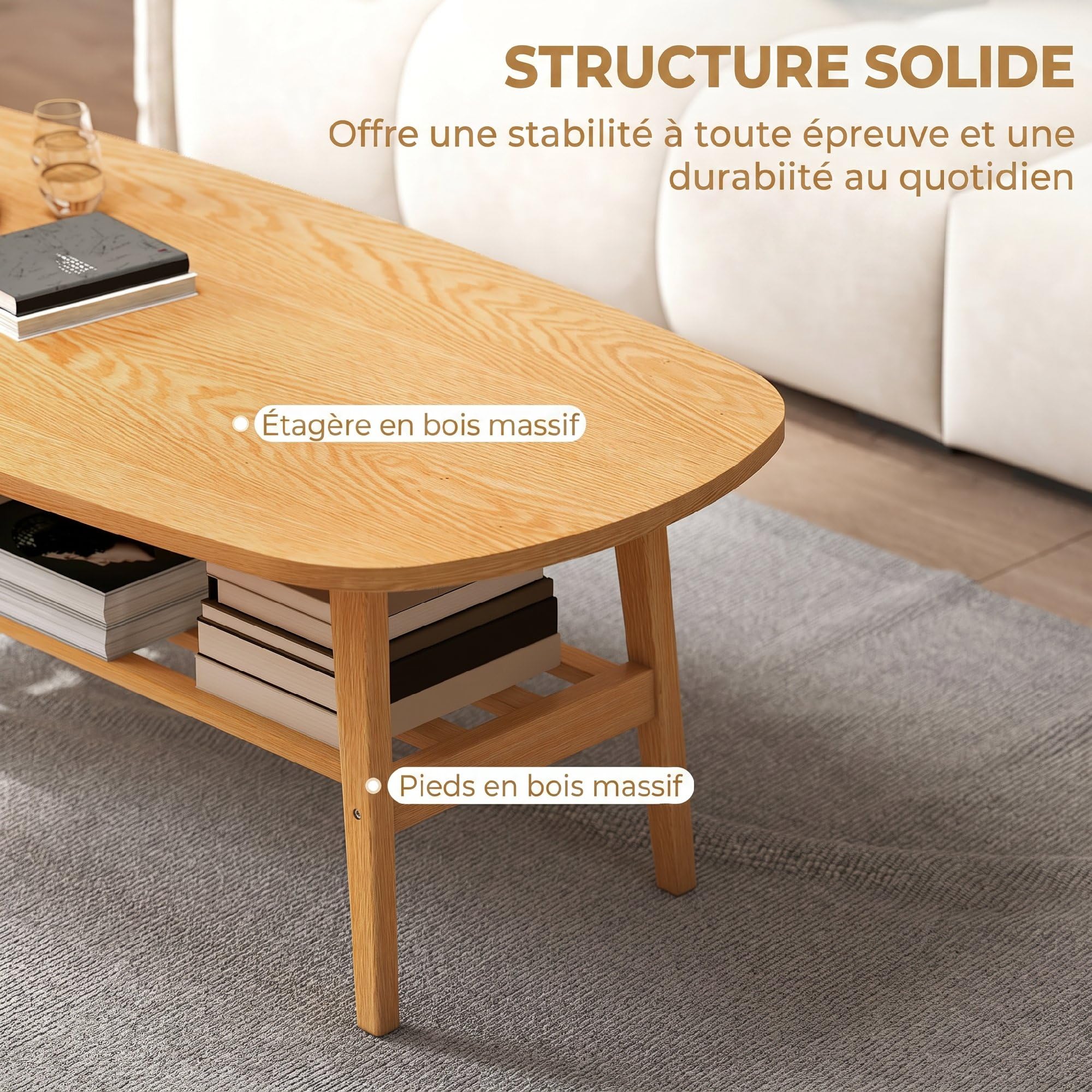 HOMCOM Table Basse à 2 Niveaux Table de Salon 120 x 60 x 42 cm Bois Naturel