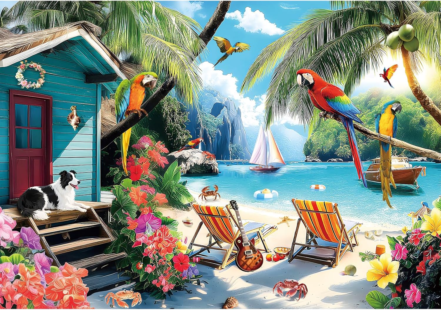2000 Piece Puzzle for Adults, Puzzles for Adults 2000 Pieces, Summer Beach Parrots Dog Jigsaw Puzzles, Challenging Puzzle Perfect for Game Nights, 39" X 28"