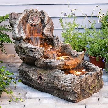 Sunlinua 4-Tier Wood Effect Resin Garden Fountain with LED Lighting - 80cm Waterfall Garden Decoration for Patio Backyard Balcony and Living Area Dark Brown