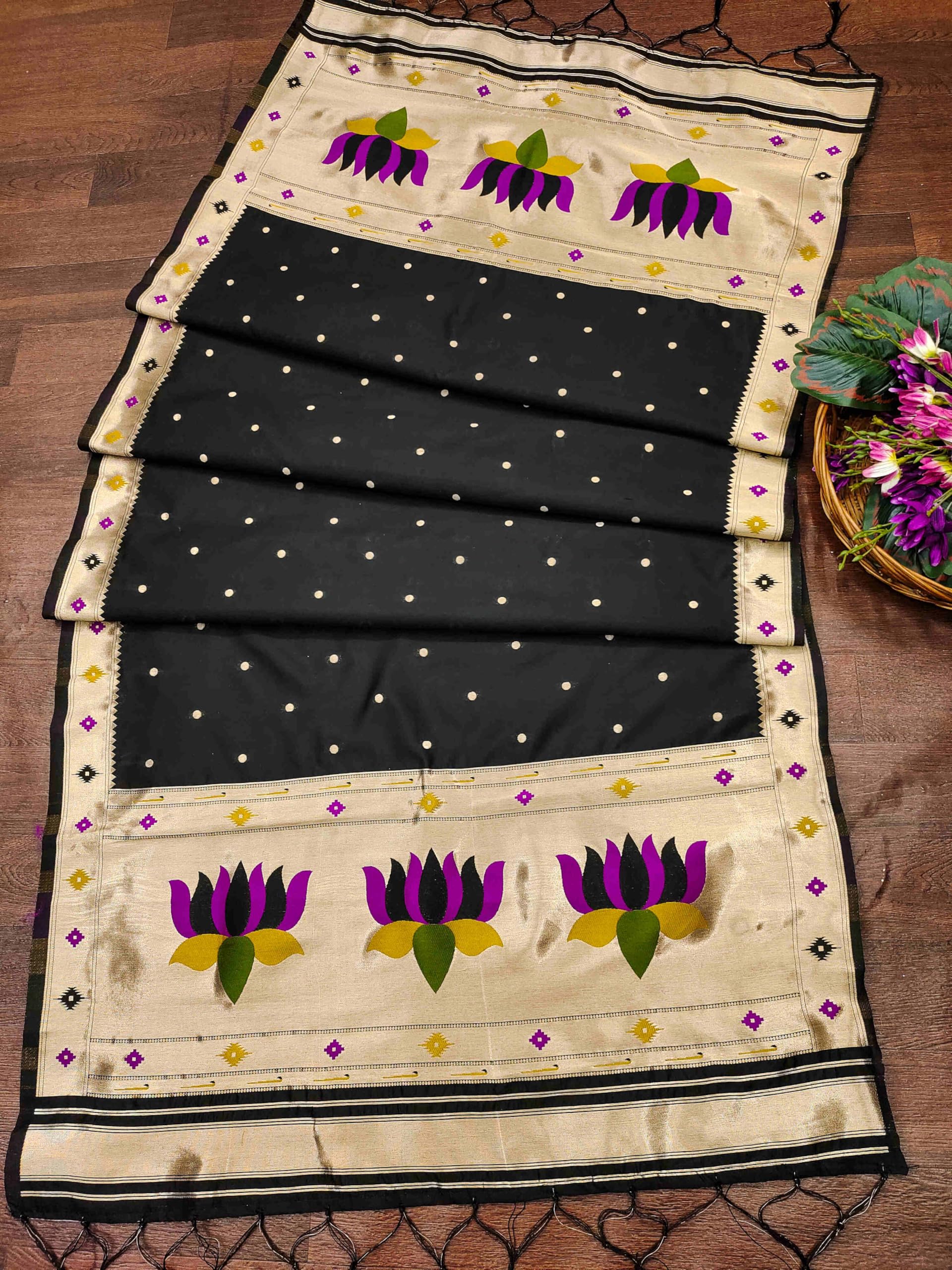 DEVANGI Women's Woven Banarasi Silk Dupatta/Chunni For Women, Floral Print 1 Meter Wide and 2.3 Meter Length Printed Designer Dupatta/Chunni For Girls(OM-DT-67-BLACK) - Image 3 thumbnail