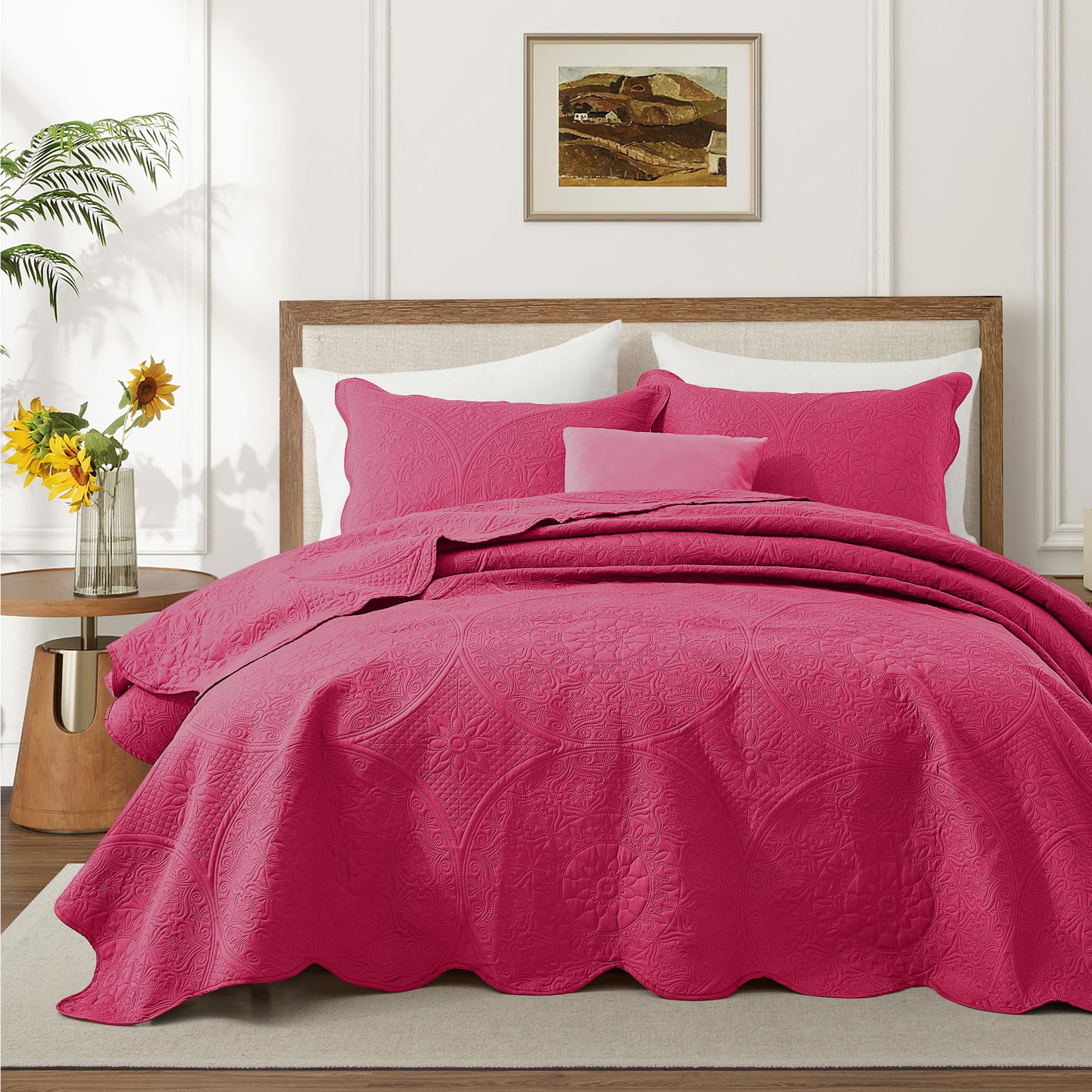Quilts Queen Size Bedspread Coverlet Floral Quilt Set Hot Pink, 90"x96"