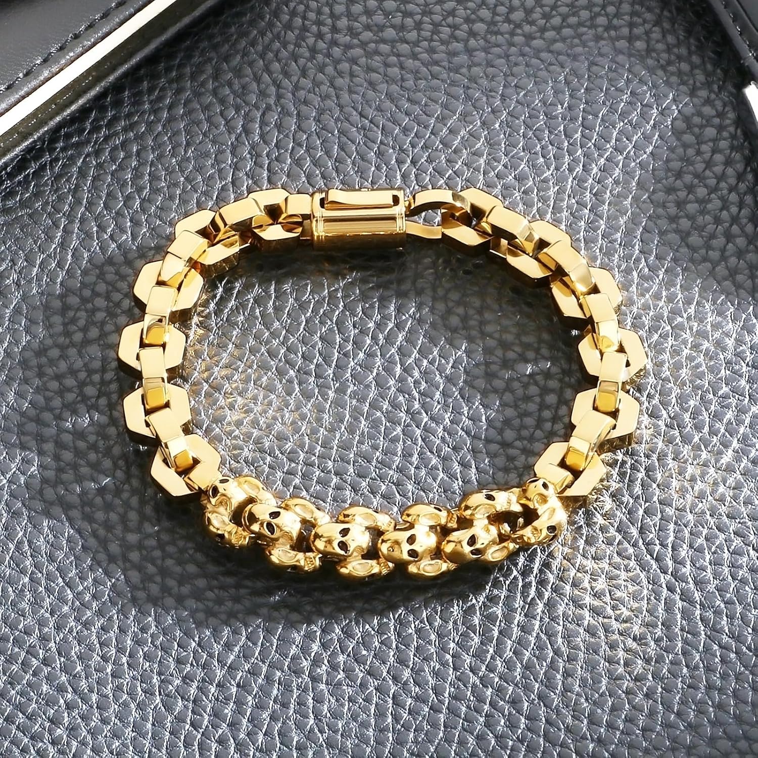 Men's Gold Stainless Steel Skull Bracelet Punk Biker Gothic Skeleton Chain Hand Jewelry for Men Polished Gift for Him - Image 2