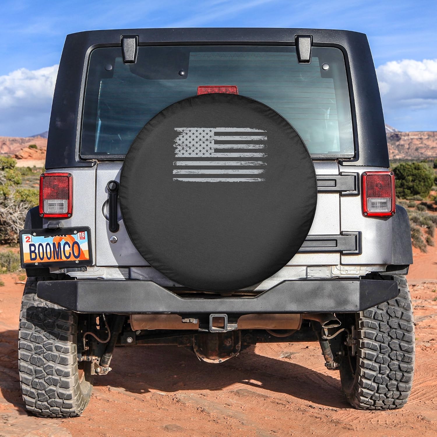 Boomerang Compatible with Jeep Wrangler JK - 32" Distressed American Flag - Spare Tire Cover - (Black Denim Vinyl) - Silver Print - Made in The USA