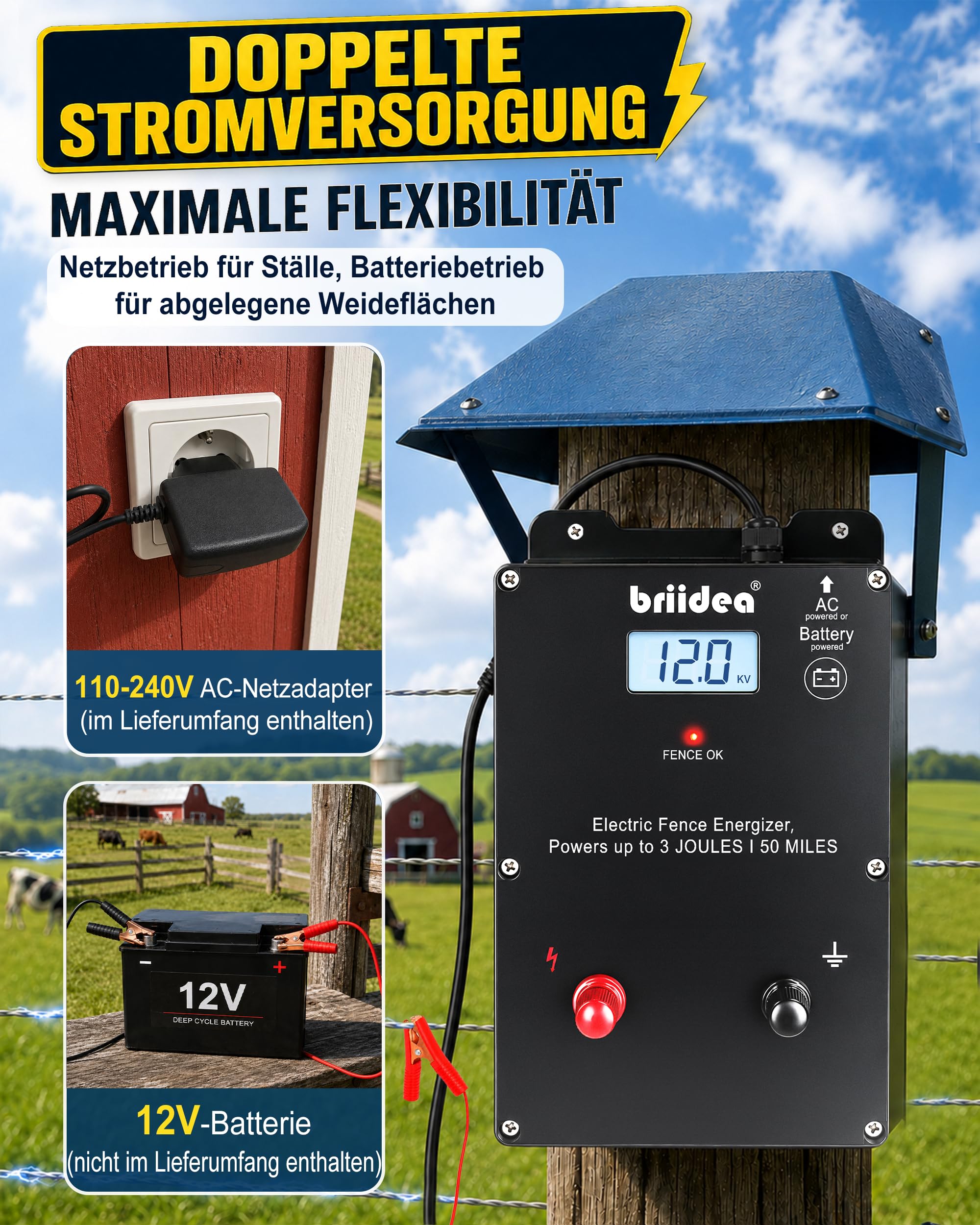 Briidea Ogrodzenie elektryczne, 12 kV, 3 J, urządzenie do pastwiska 50 mil