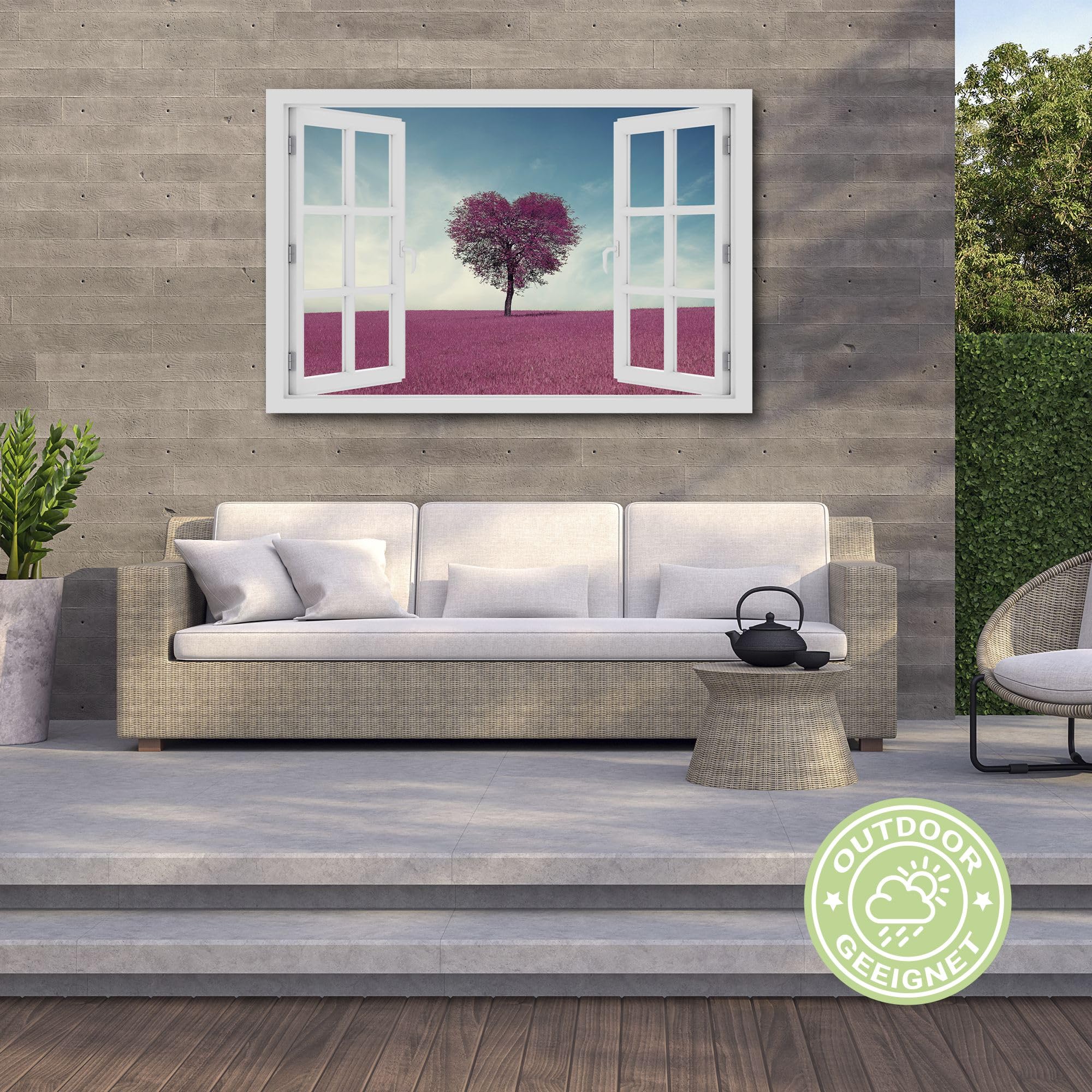Wandbild Outdoor wetterfeste Bilder für draußen | Gartenbilder Innen & Außen | Landschaftsbilder Acryl Glas Fensterblick Effekt | 60x60cm Feld Himmel Baum Herz