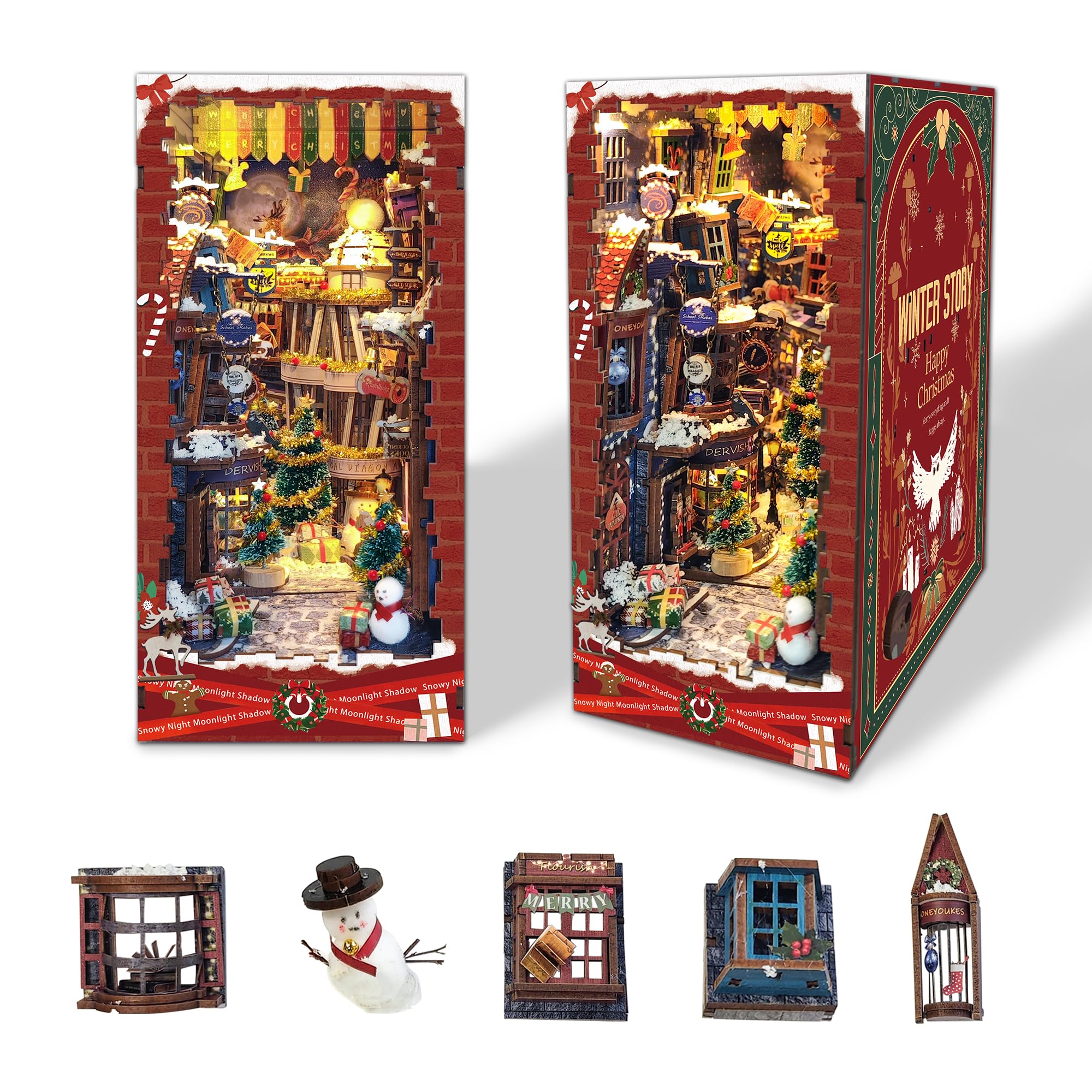 STRUCWOOD Christamas Book Nooks DIY Dollhouse Kit for Adults Bookshelf Decor with LED Lights 3D Wooden Puzzle Model Booknooks Kits Gifts for Family,