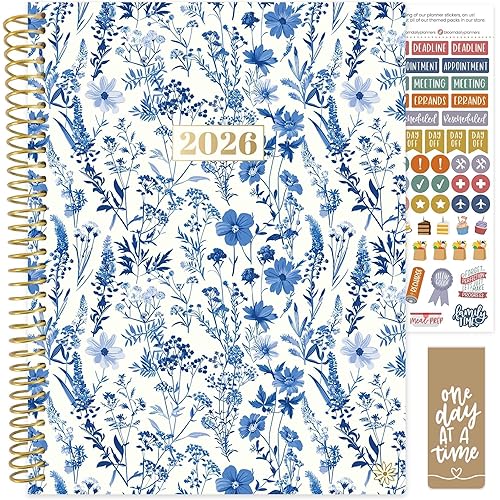 bloom daily planners 2026 Planner (January to December) - 8.5” x 11” Weekly & Monthly Dated Agenda Organizer Book with Stickers & Tabs - Flexible Soft Cover - Blue & White Floral