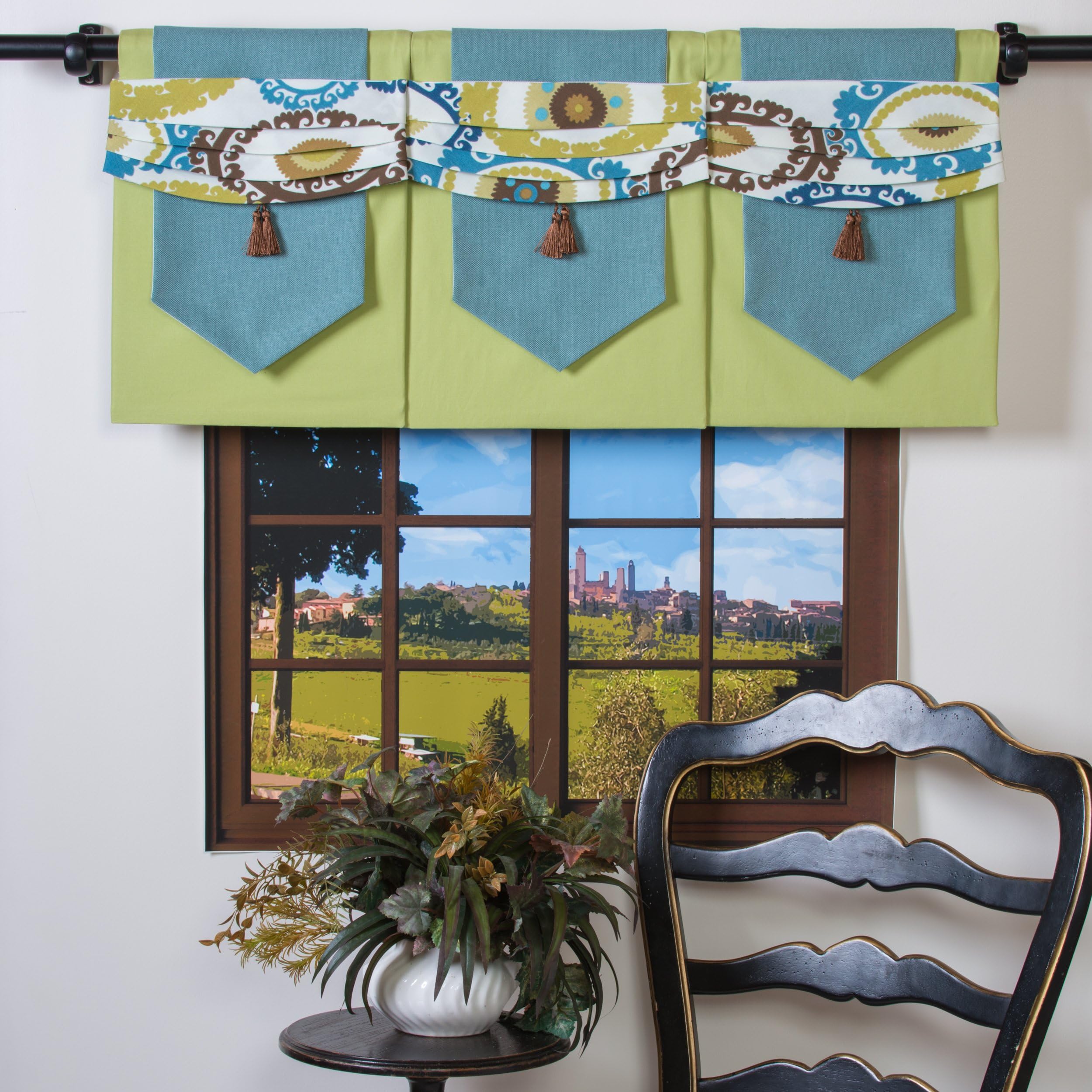 Window Wear Magnetic Window Valance -- Contemporary Floral Valance Panel with Moveable and Interchangeable Accessories Allows You to ReDecorate Your Windows Instantly -- Green/White Reversible Panel with Aqua Blue, Green, Brown, White Geometric Floral Swag; Instant Interior Design for Kitchen, Bedroom, Living Room, Family Room