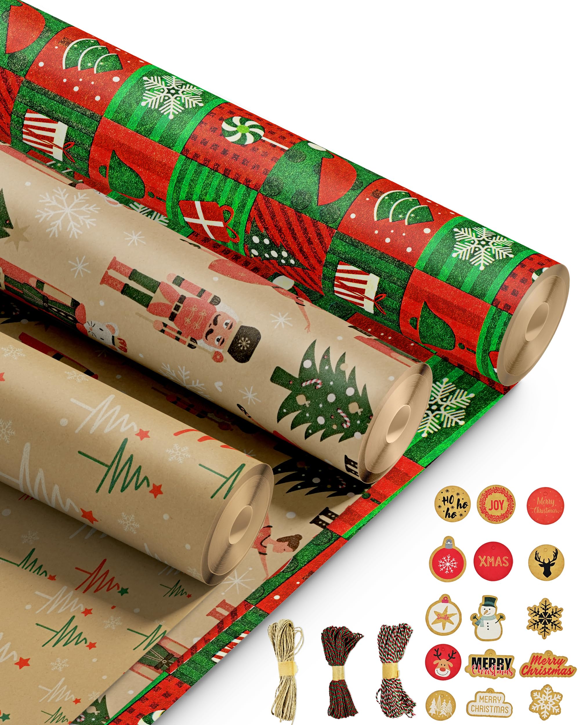 Kraft & Co – 3 Pack Kraft Christmas Wrapping Paper Rolls 69cm x 8m, Recycled & Eco-Friendly Gift Wrap with 15 Tags & 3-Color Twine, Christmas Wrap Tear-Resistant, Sustainable Packaging, Total 24m Rol