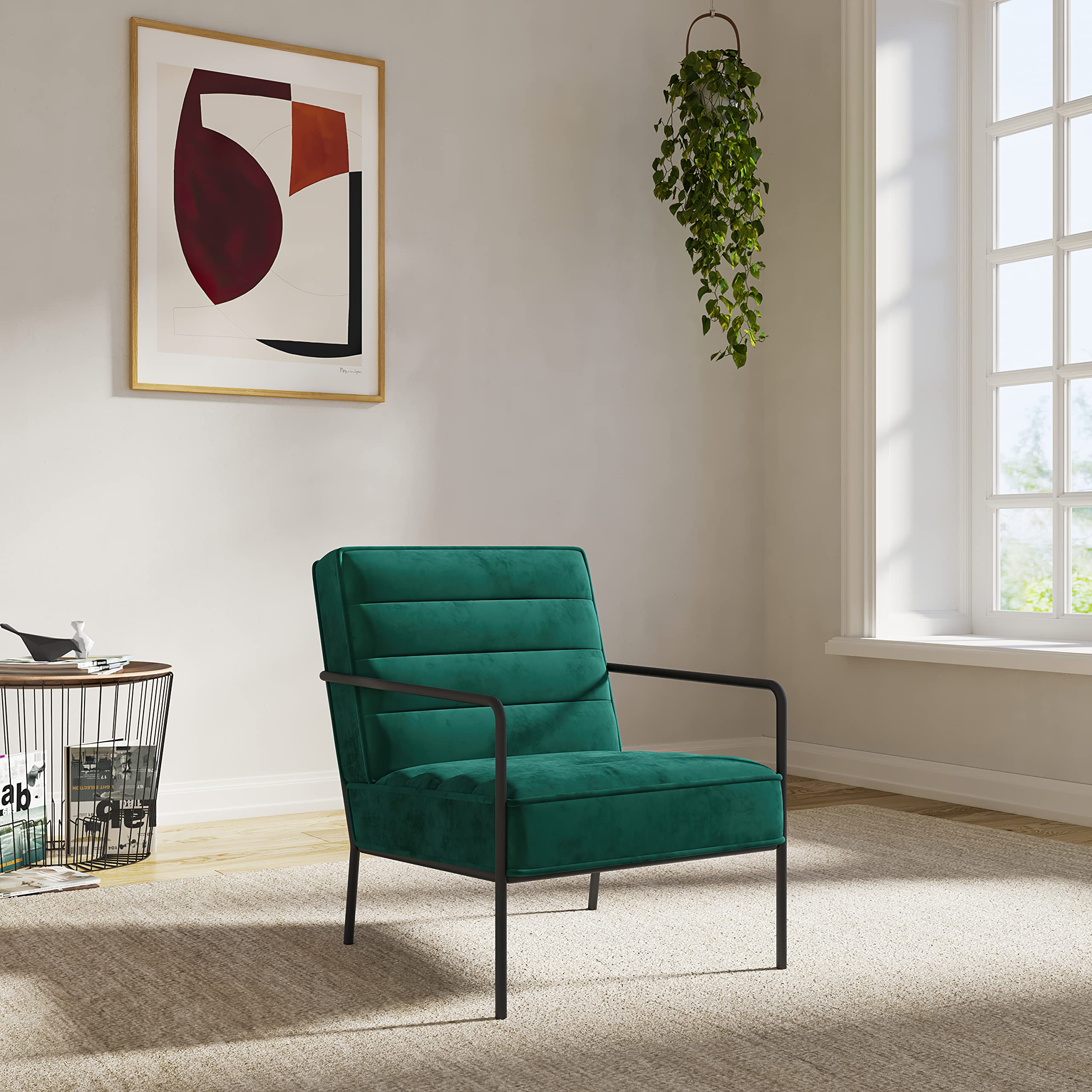 Alphason Bookham Accent Chair - Green velvet, 80x64x82cm (DxWxH)
