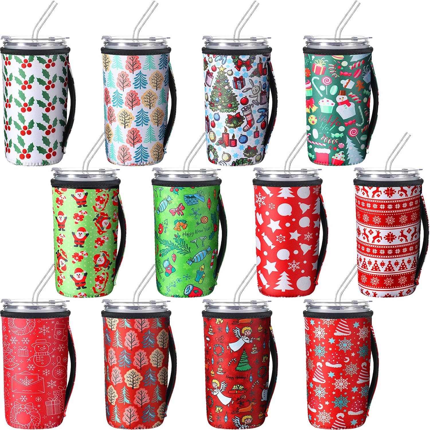 Boao 12 Pieces Reusable Iced Coffee Cup Sleeve Insulator Neoprene Beverages Cup Holder for Tumbler Hot Cold Drinks with Handle Summer Beach Tropical Hawaii Party(32 Ounce,Christmas Style)
