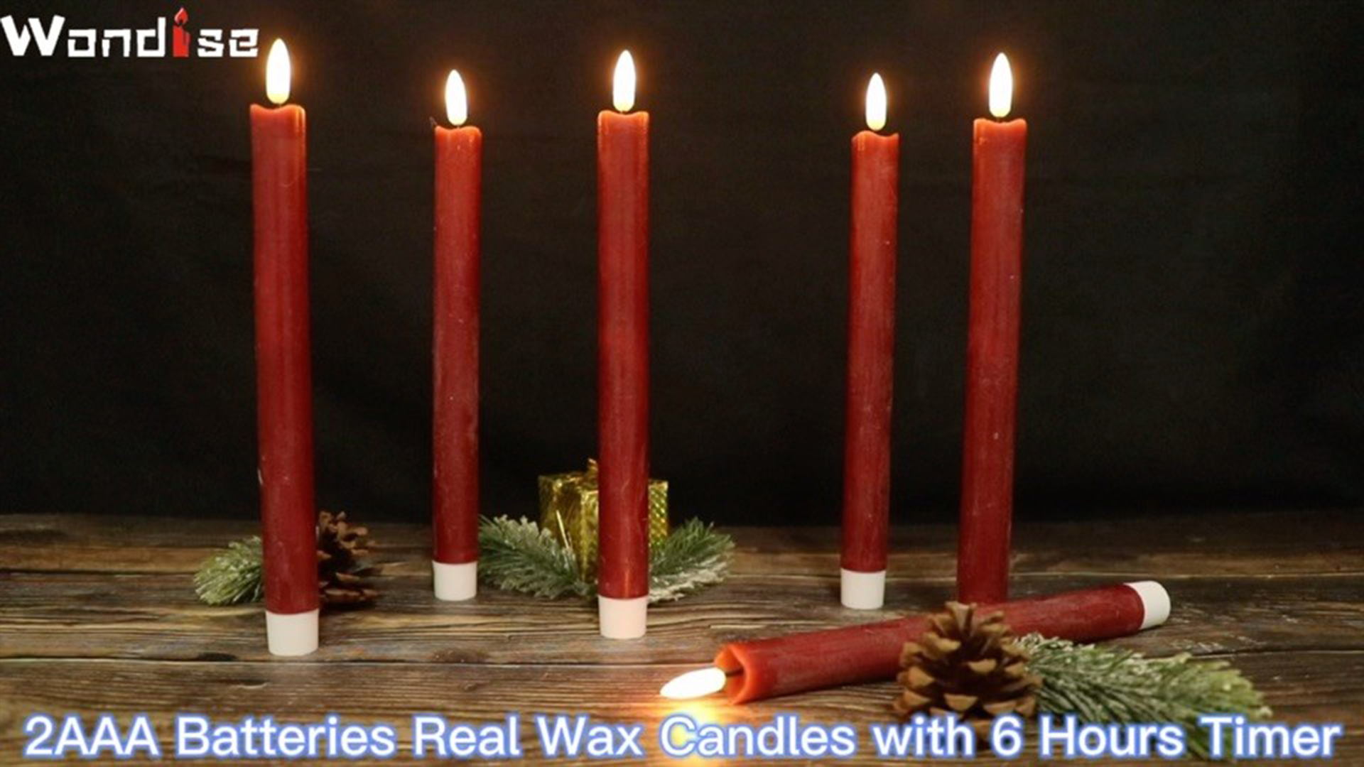 Image of Wondise Flameless Taper Candles with Timer, 6 Pack Battery Operated LED Flickering Real Wax Red Candle for Christmas Wedding Dinner Decorations