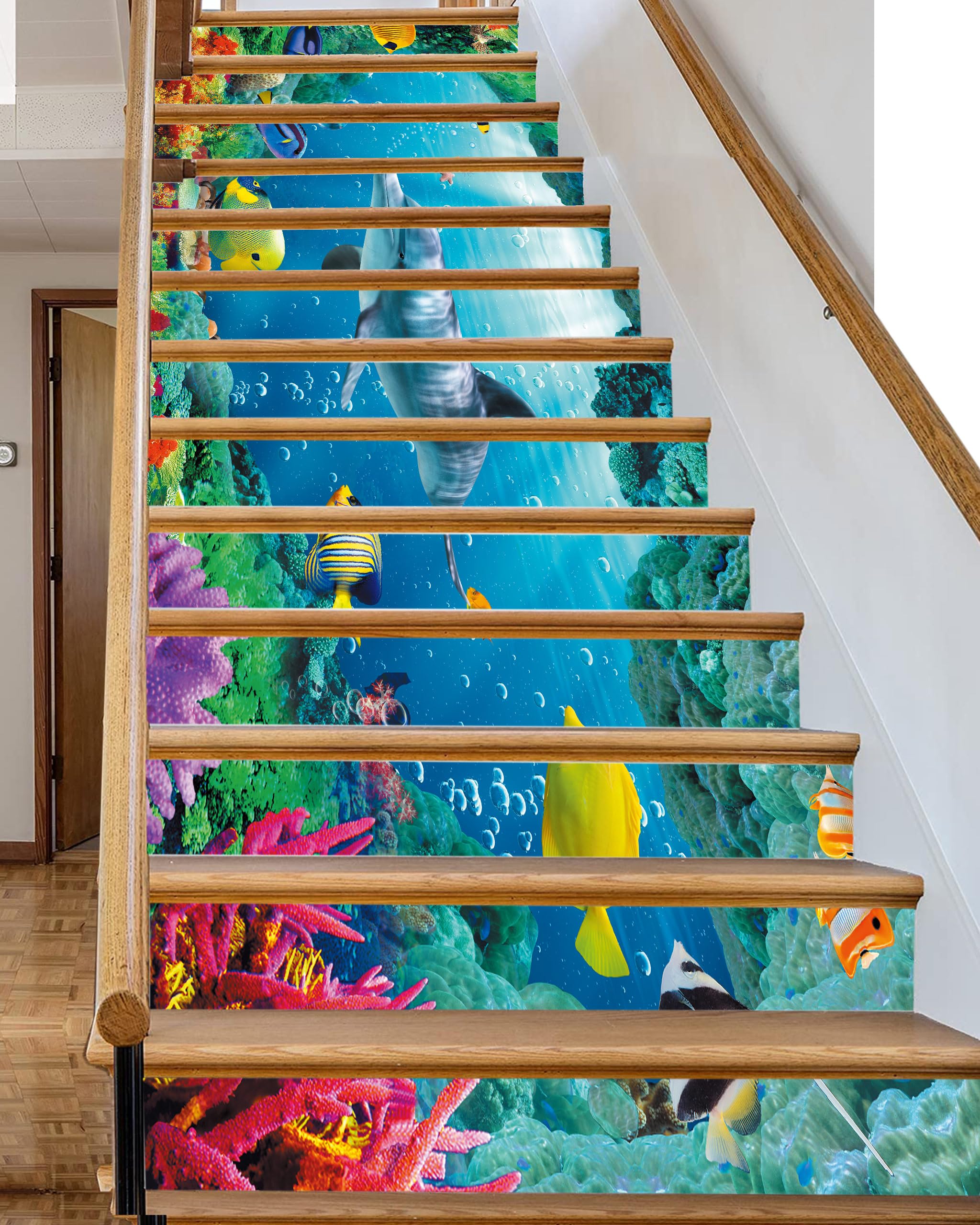 Flfk G1319 13Pcs Stair Risers Stickers Peel And Sick 39.37"X7.08", Vinyl Staircase Stickers Decals, Underwater Dolphin Fishes Mural Wallpaper For Stair Steps