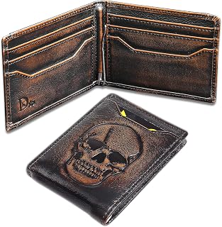 Skull Wallet for Men with Money Clip Genuine Leather Bifold RFID Blocking Mens Slim Front Pocket Wallet with Hand Burnished