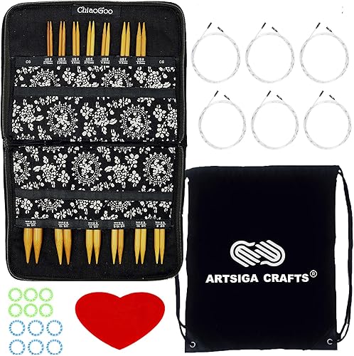 ChiaoGoo Spin Bamboo - Juego completo de agujas de tejer circulares intercambiables 2400-C de 4 pulgadas, tamaños US 2, 3, 4, 5, 6, 7, 8, 9, 10,