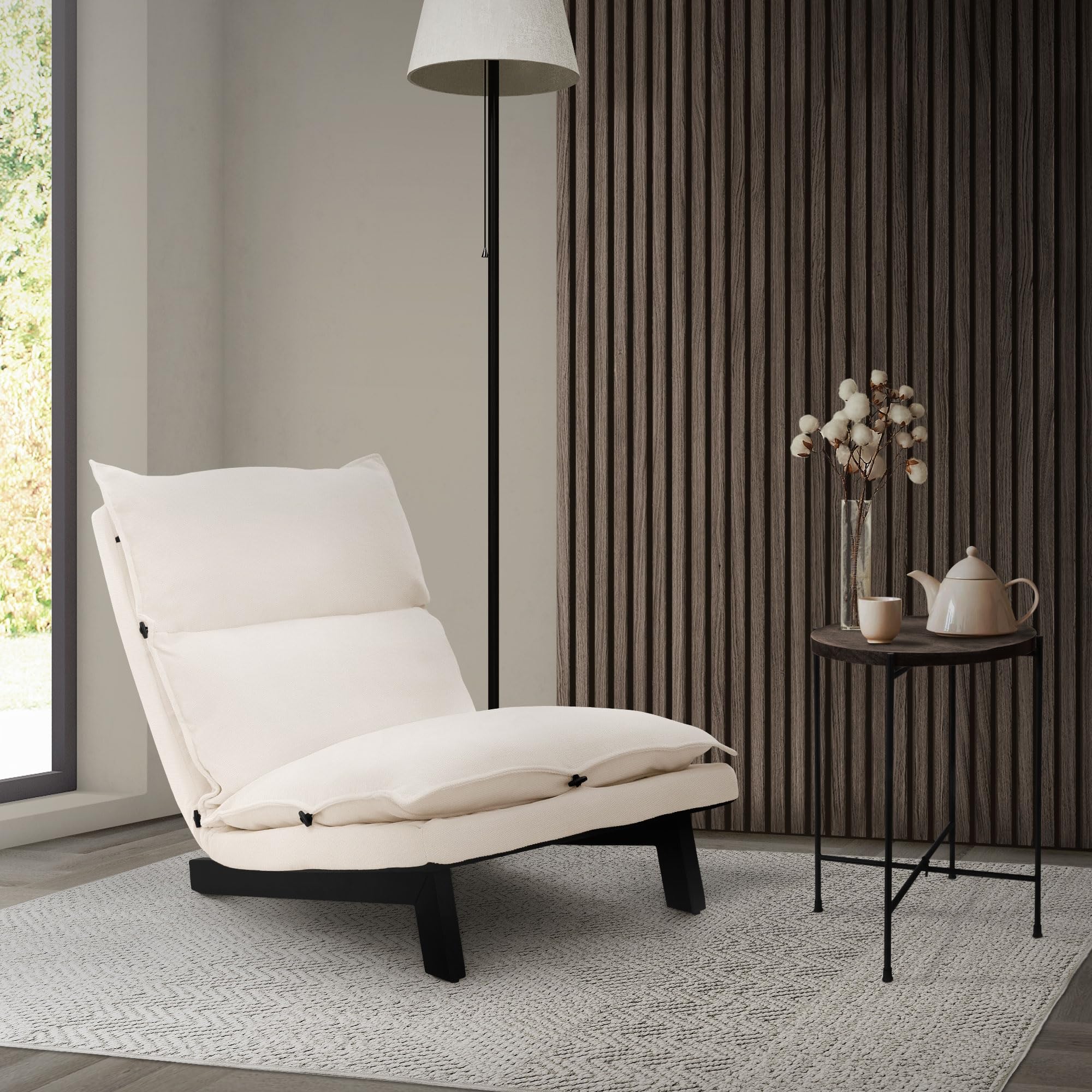 ML-Design Silla de Suelo Beige, Sofá Reclinable para Salón, Asiento Ergonómico con Respaldo Ajustable Cojín Tapizado con Funda de Lino Estructura de Acero Robusta Tumbona para Relajación o Meditación