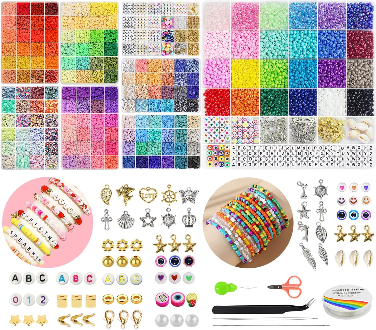 Redtwo 23000 Clay Beads with 3400 Seed Beads Bracelet Making Kit,144 Colors 7 Boxs Friendship Jewelry Making Set, Flat Polymer Clay Heishi Bead DIY Gifts for Teen Girls Crafts for Girls Ages 8-12