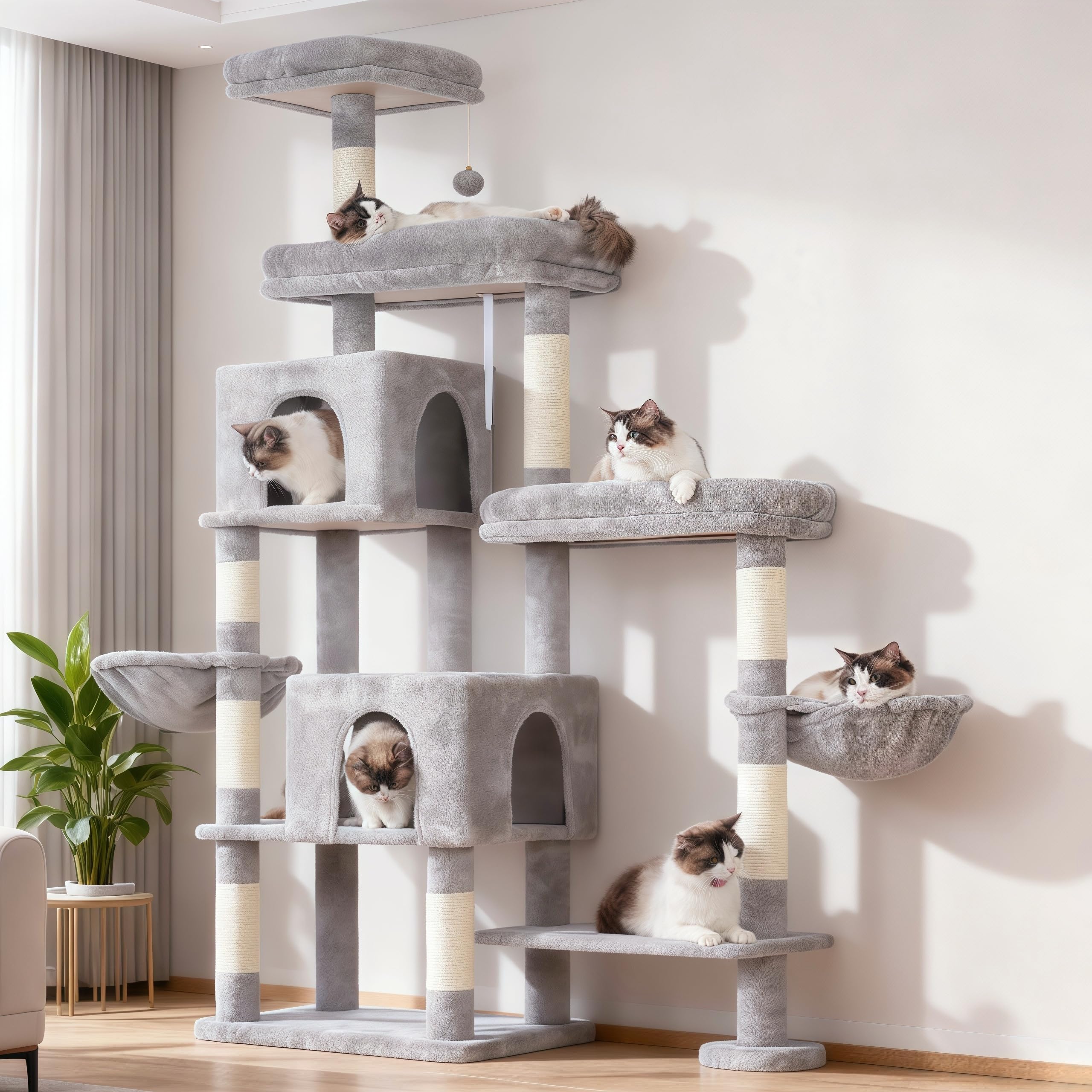 Hey-brother Cat Tree Tower with Stable Extended Base, 3 Platforms, MPJ038W Light Gray