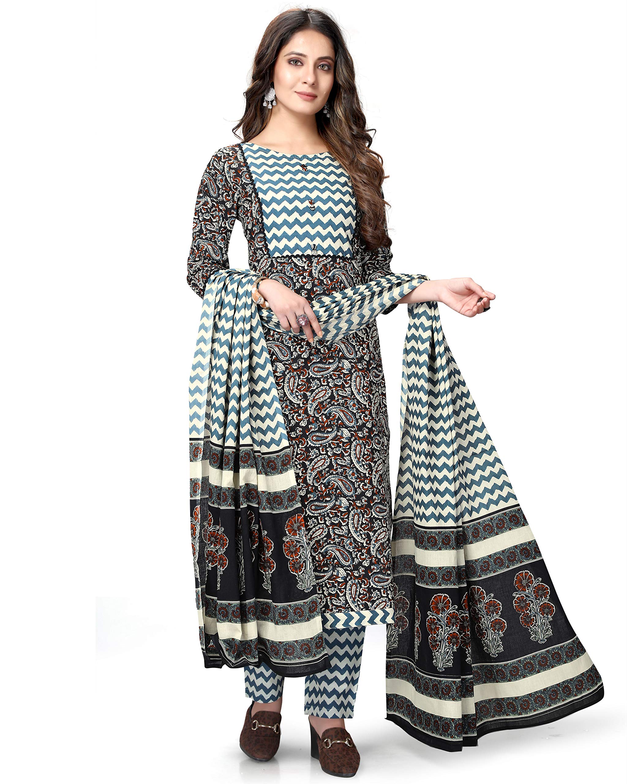 Rajnandini Women's Multicolor Pure Cambric Cotton Jaipuri Printed Kurta Set with Dupatta(JOPLVL205-XL_)