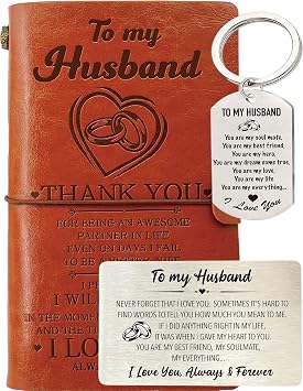 Husband Journal from Wife, Husband Wallet Card Engraved, Husband Keychain, To My Husband Leather Journal 140 Pages Writing Notebook, Gift for Husband Birthday Christmas Valentine Anniversary