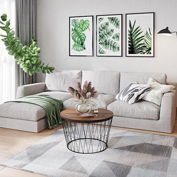 Lavish Home Round Coffee Table with Geometric Metal Base - Small Modern Accent Furniture for Living Room - Mid-Century Coffee Table (Brown/Black)