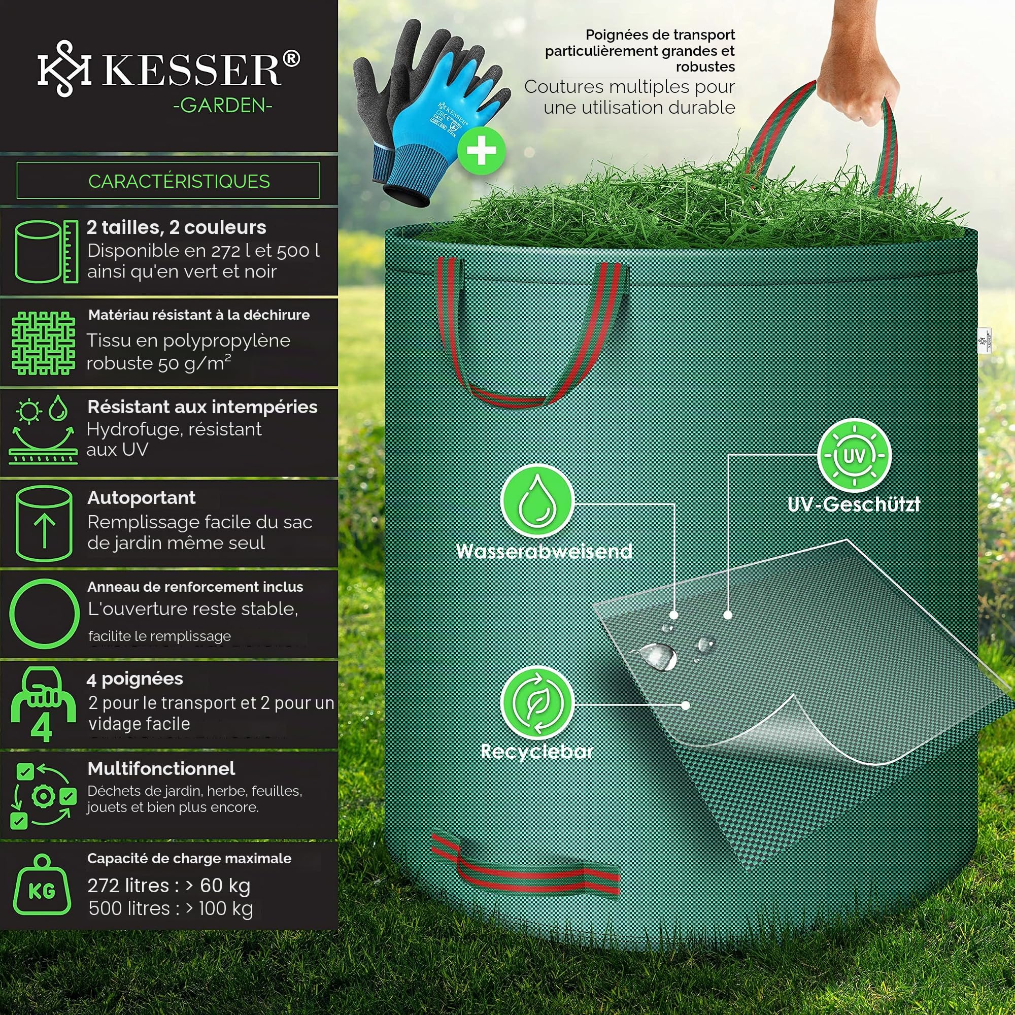 KESSER® Sacs de jardin 6x 272L Set sac à feuilles Sac à déchets de jardin + gants - Autonome 4 poignées Stable Robuste pliable Sacs à feuilles Tontes de gazon Sacs de jardin pour déchets jardin Vert