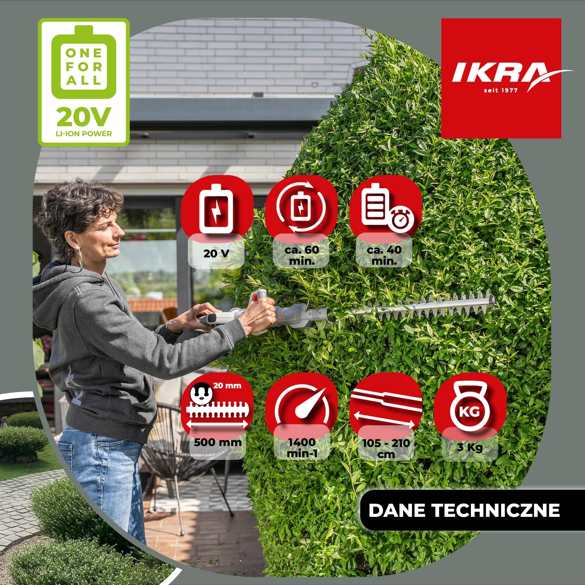 IKRA 2w1 Nożyce do żywopłotu ICPH 2050, 2 akumulatory, szybka ładowarka | Do zwykłych żywopłotów lub wysokich z funkcją teleskopową, pasek na ramię, kompatybilna z systemem akumulatorow IKRA 20 V