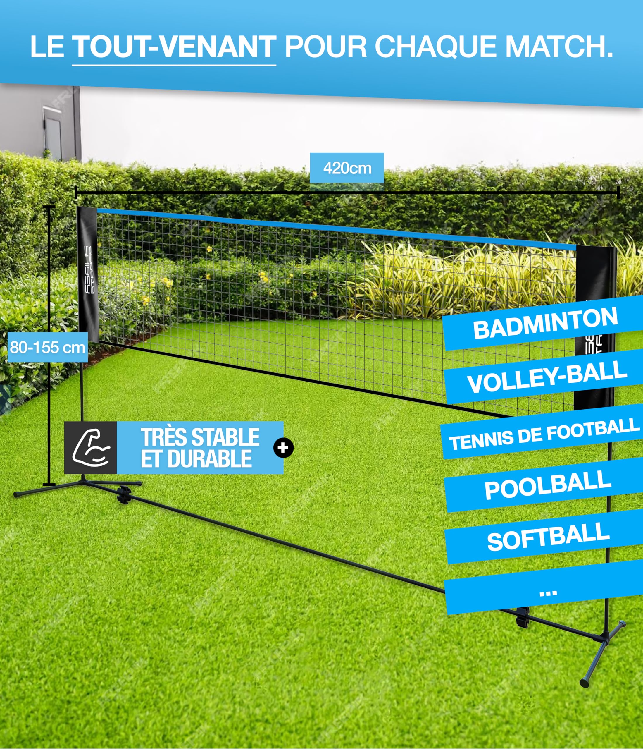 PHIBER-SPORTS Filet de badminton - 420 cm - Réglable en hauteur sur 3 positions + tableau d'affichage - Également comme filet de tennis, filet de volley-ball, piscine et tennis de football - Sac de