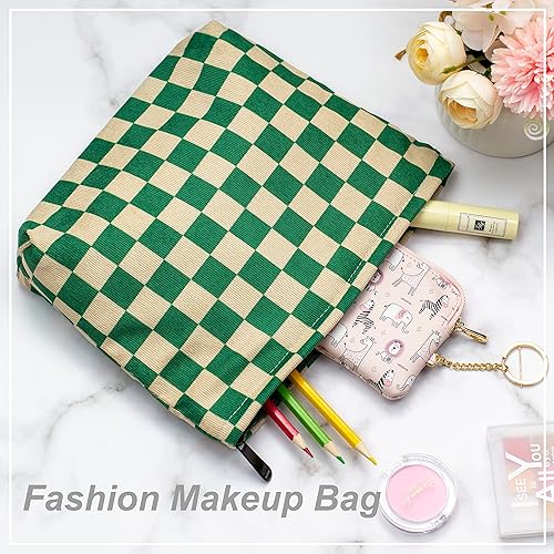 Miniatura 4 de PAZIMIIK Bolsas de maquillaje de viaje con cremallera grande, Verde a cuadros, A cuadros