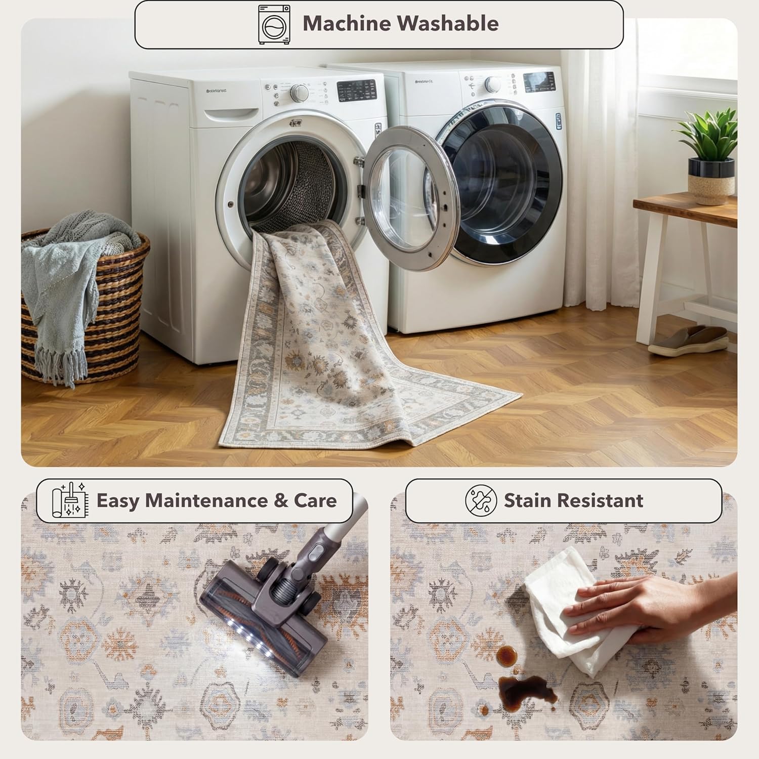 Kuden 2x3 Small Rug, Machine Washable, Non-Slip Backing, Vintage Style, Soft, Low Pile, Area Rugs for Entryway Kitchen Indoor Entrance