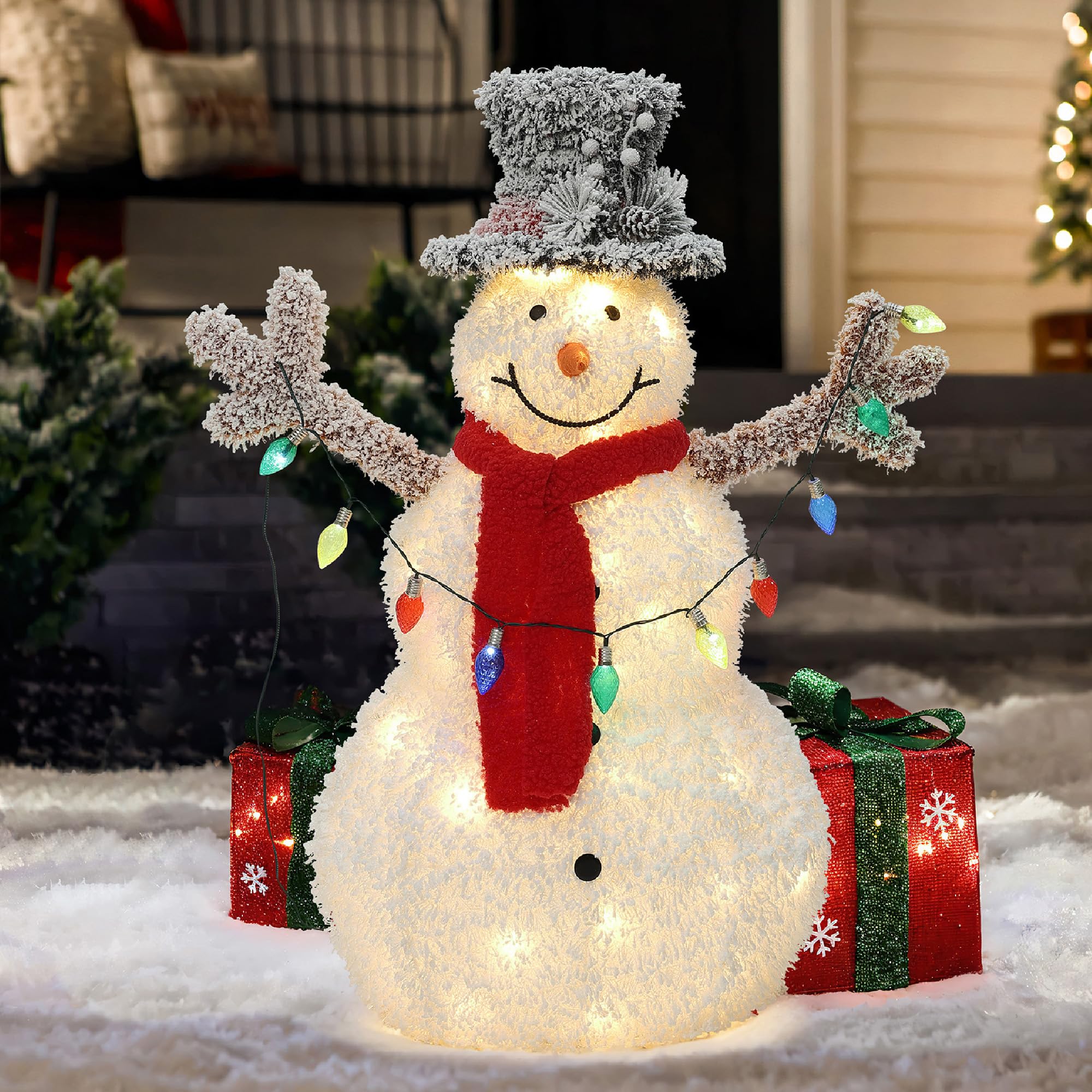 Hometopia LED Schneemann Deko mit Zylinderhut, Rotem Schal Leuchtende Weihnachtsfigur für Innen und Außen, Weihnachtsdeko