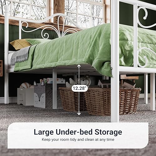 Miniatura 4 de Allewie Base de cama de tamaño individual para niños, marco de cama de metal con cabecero y estribo de diseño de mariposa, no necesita somier, fácil