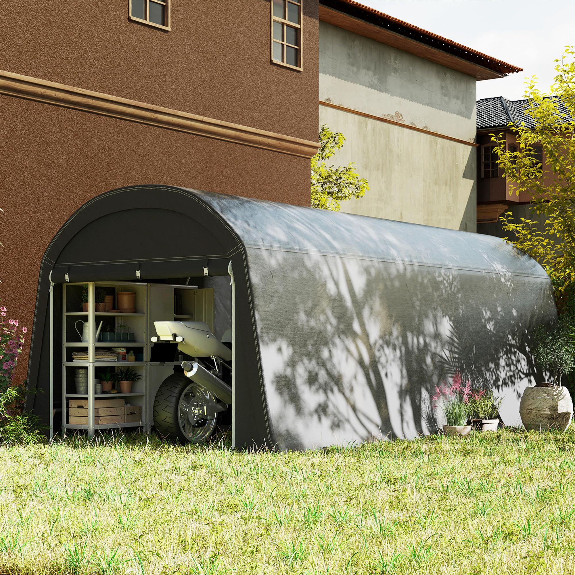 Outsunny 10' x 20' Portable Shed, Waterproof Motorcycle Bike Tent with Roll-up Zipper Door, Galvanised Steel Frame, Outdoor Storage Shed for Garden Tools, Dark Grey — view 9