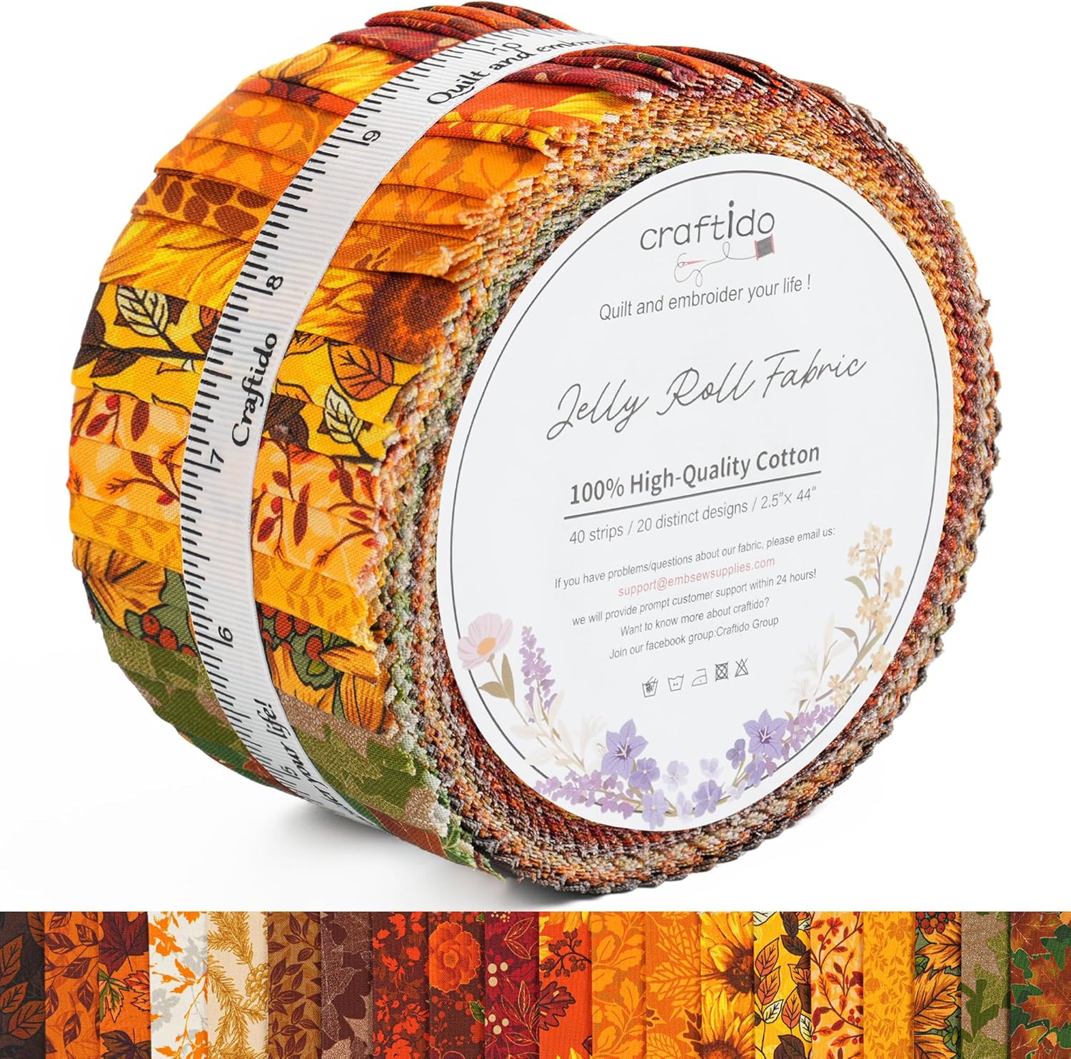Craftido-18 Options-100% Cotton Jelly Roll Fabric Precut Strips for Quilting, Crafting, and Sewing, 40 Strips 2.5" x 44" Assorted Bundles for Rug, Quilt Project, DIY Craft and Home Decor-Fall Arrival