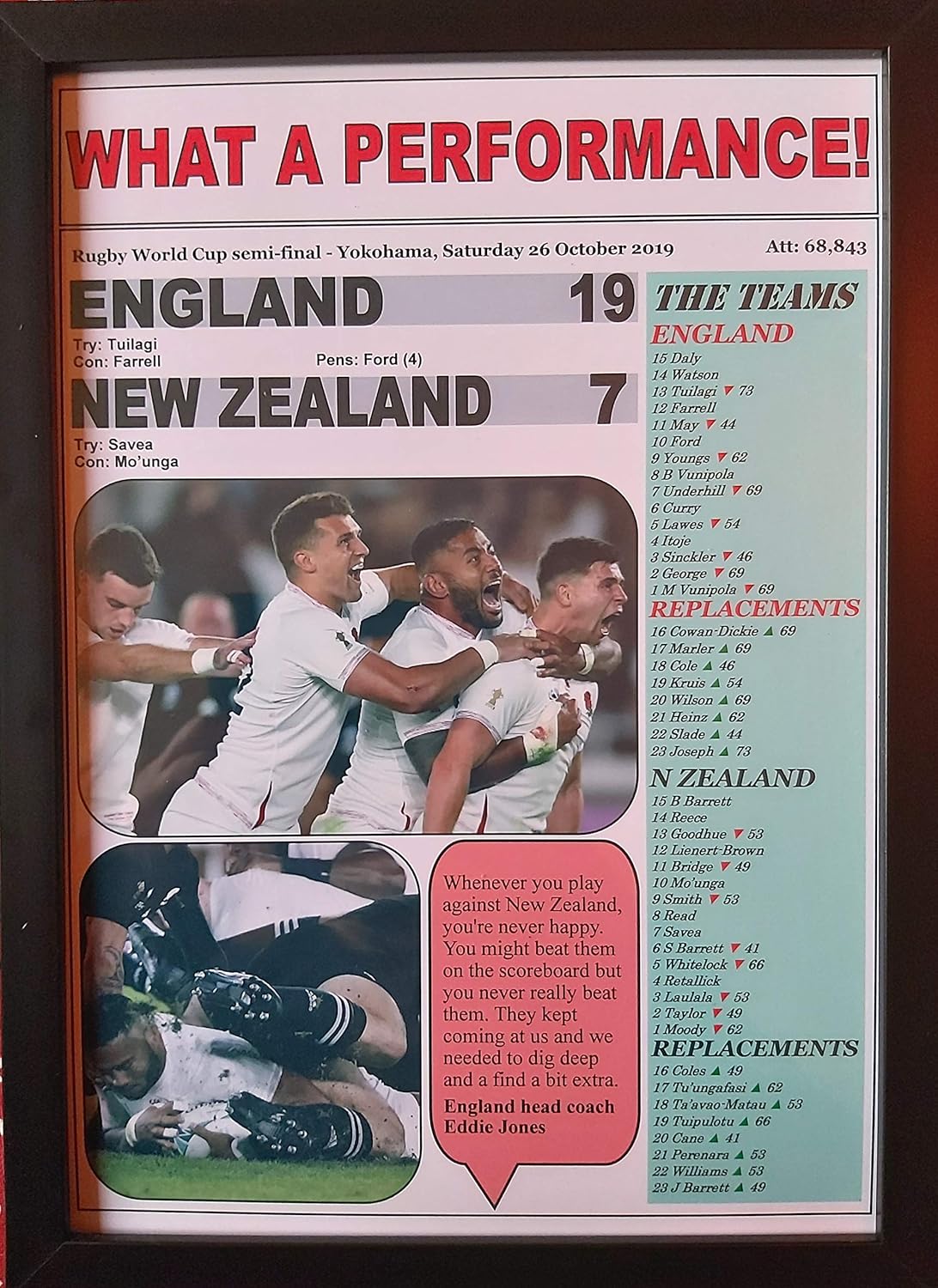 England 19 New Zealand 7-2019 Rugby World Cup semi-Final - Framed Print