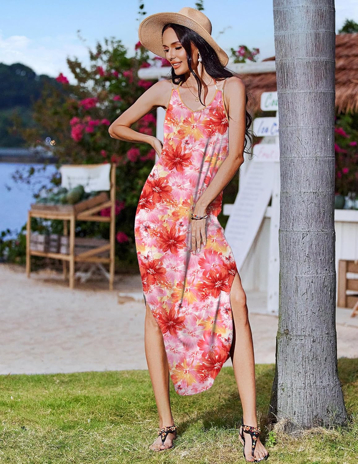 Zeagoo Women's Casual Sundress Summer Maxi Sleeveless V Neck Split Boho Beach Dress Travel Vacation Dress with Pockets - Image 5