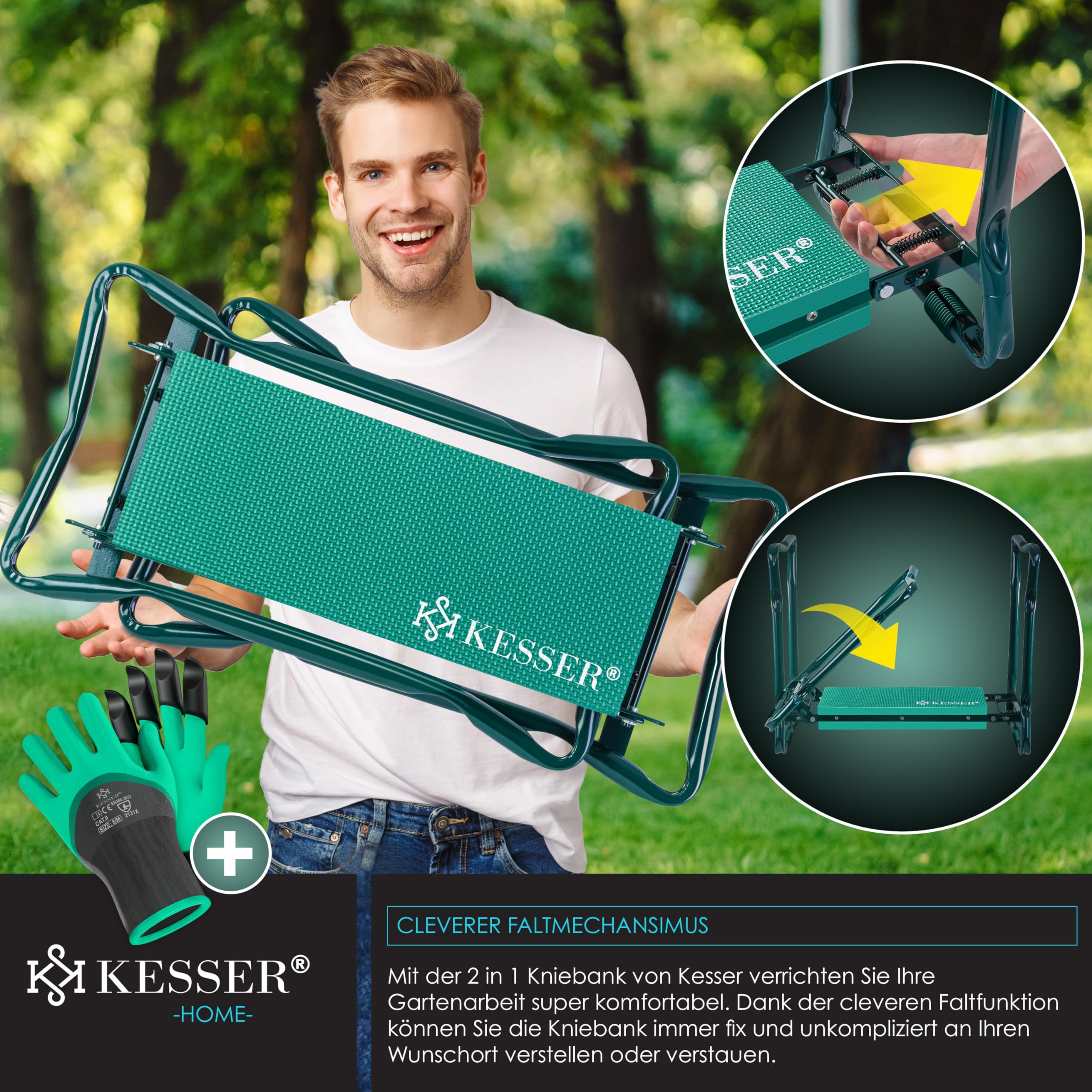 KESSER® Inginocchiatore 2 in 1 XXL per il giardinaggio Cuscino imbottito Cuscino in schiuma eva Sgabello da giardino Pieghevole Incl. 2 borse per attrezzi Panca da giardino Regolabile in altezza