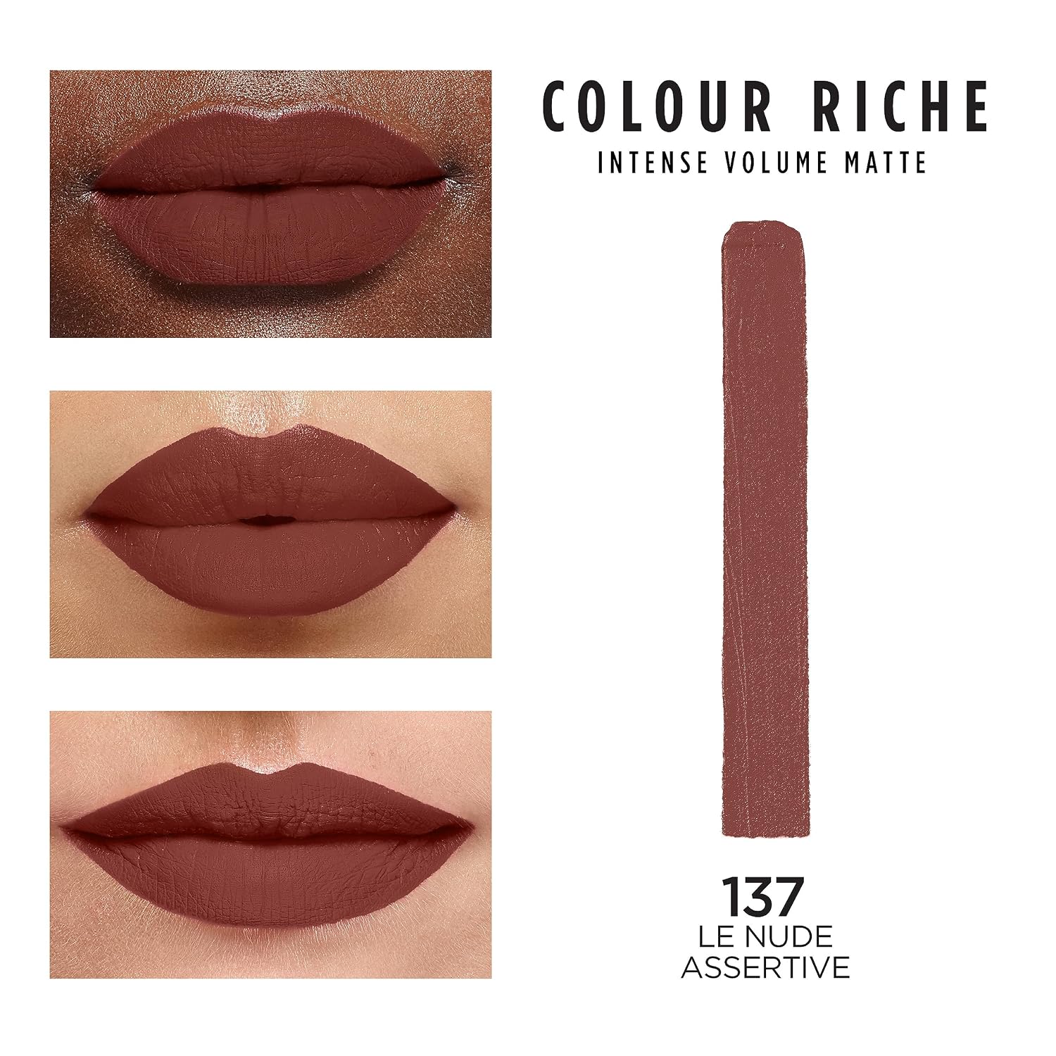 L'Oreal Paris Colour Riche Intense Volume Matte Lipstick, Lip Makeup Infused with Hyaluronic Acid for up to 16HR Wear, Le Nude Assertive, 0.06 Oz