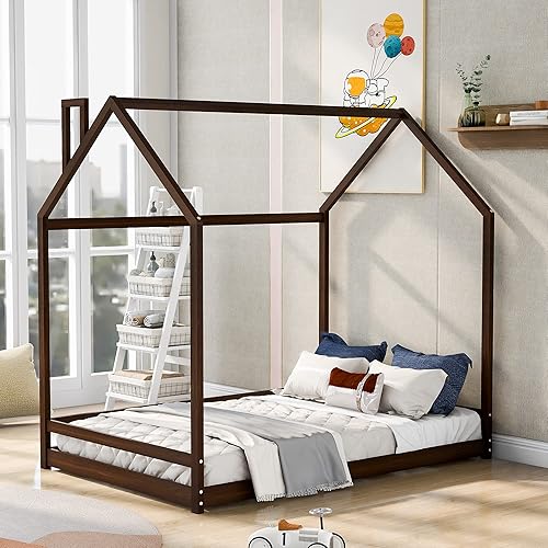 Miniatura 28 de Merax Cama de casa de madera de tamaño individual con techo y valla, se puede decorar para niñas, niños, cama de piso de madera, gris