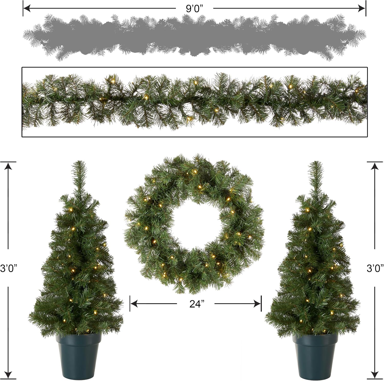 National Tree Company Pre-Lit Evergreen Collection Artificial Christmas Decoration Set, Includes 2 Mini Entrance Trees, 1 Garland and 1 Wreath, Timer, Set of 4
