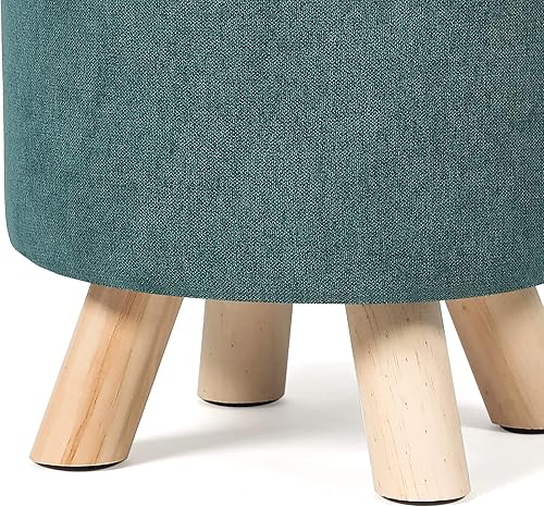 Miniatura 6 de Reposapiés otomano redondo de tela de lino, asiento pequeño con patas de pino para dormitorio, sala de estar (azul) Azul,Redondo, vaca