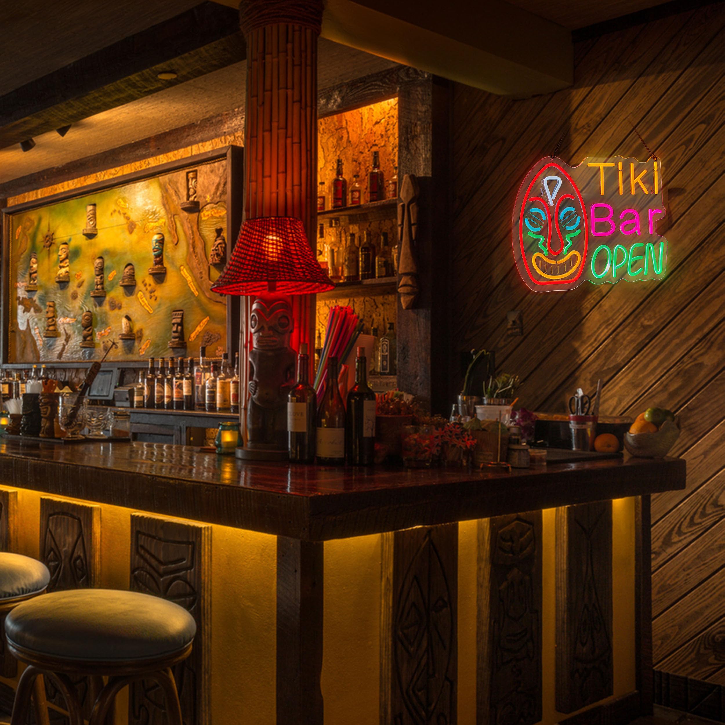 Roouneon Tiki Bar Open Neon Sign for Wall Décor with Dimmable