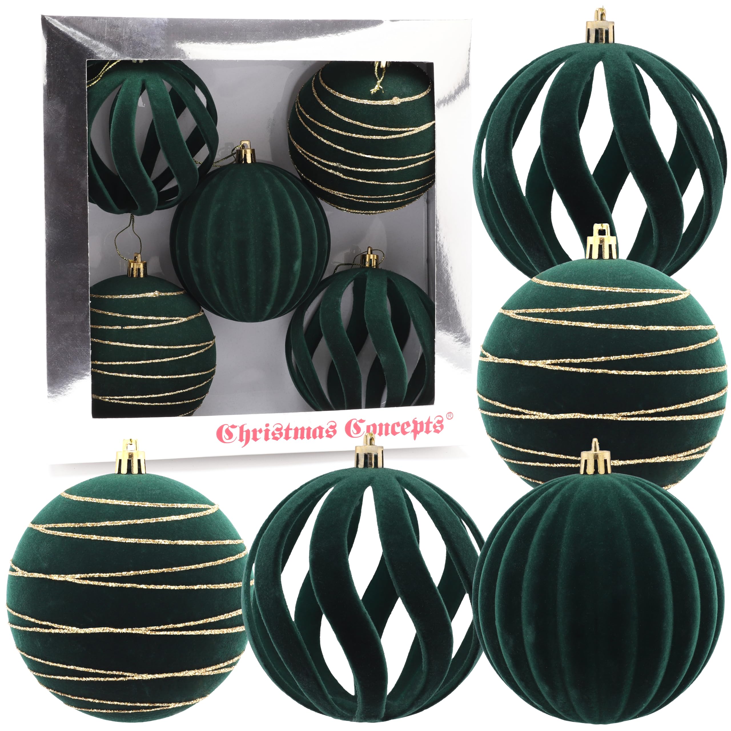 Christmas Concepts® Elegance Collection - Pack of 5-100mm (4") Forrest Green Luxury Velvet & Glitter Decorated Large Baubles - Christmas Tree Hanging Decorations